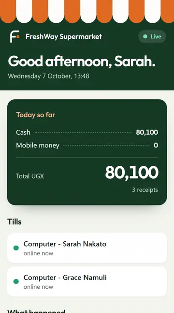 The owner's phone page: today's takings go from 13,500 to 80,100 after two more sales.