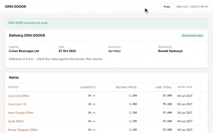 A drinks delivery from the supplier, still a draft, is received into stock with one click.